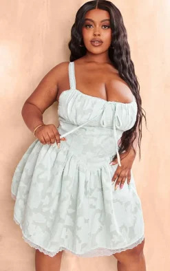 Plus Sage Green Jacquard Ruched Cup Detail Shift Dress