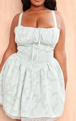 Plus Sage Green Jacquard Ruched Cup Detail Shift Dress