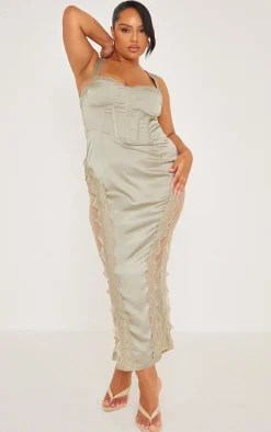 Plus Sage Green Lace Trim Corset Midi Dress