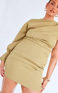 Plus Sage Green One Sleeve Ruched Woven Bodycon Dress