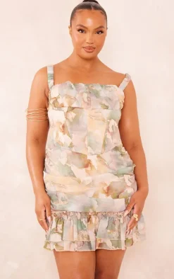 Plus Sage Green Printed Chiffon Corset Bodycon Dress