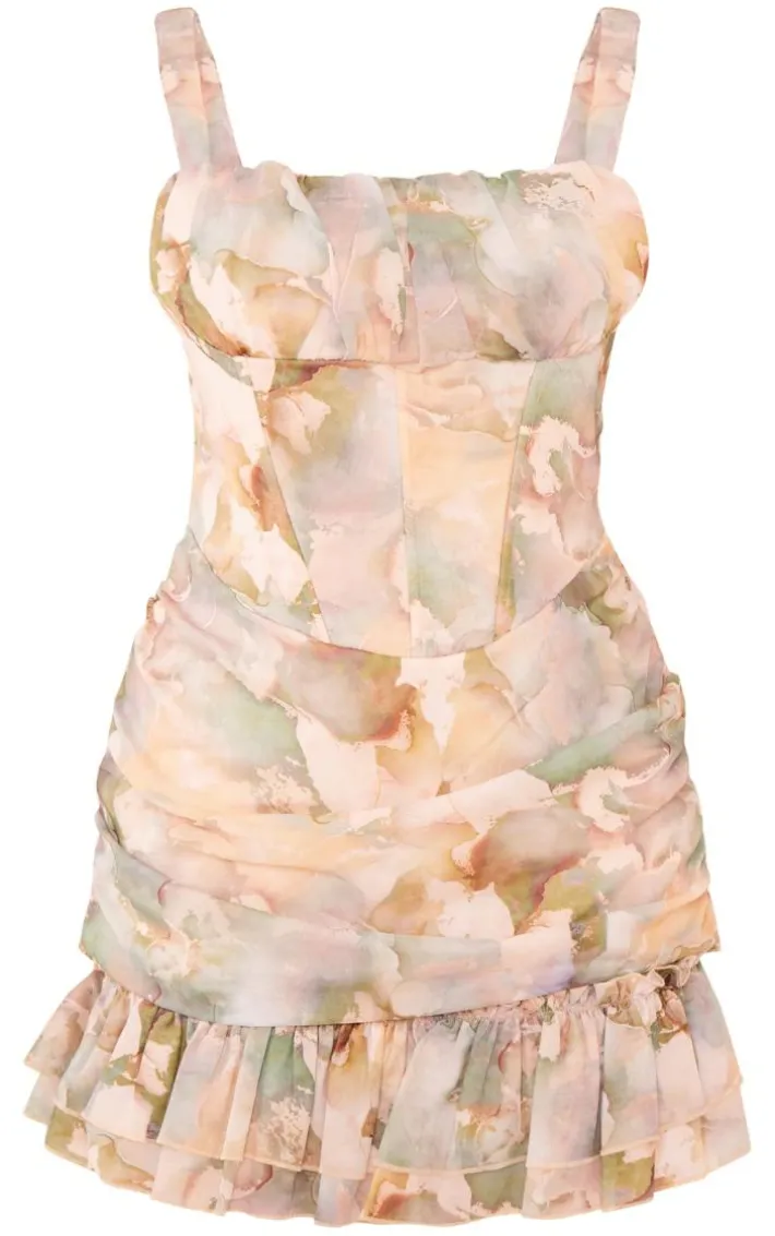 Plus Sage Green Printed Chiffon Corset Bodycon Dress