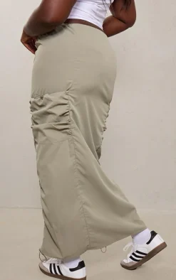 Plus Sage Green Ruched Cargo Pocket Maxi Skirt