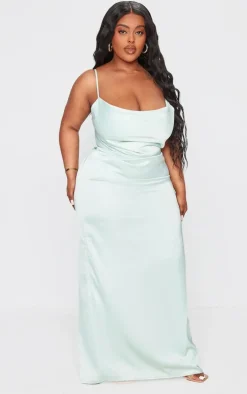 Plus Sage Green Satin Cowl Neck Midi Dress