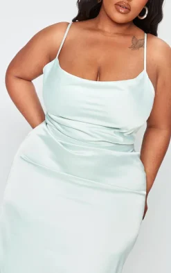 Plus Sage Green Satin Cowl Neck Midi Dress