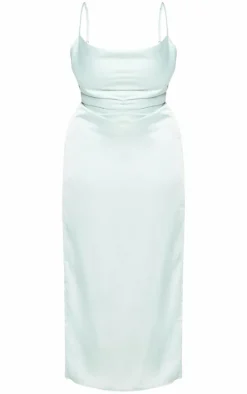 Plus Sage Green Satin Cowl Neck Midi Dress