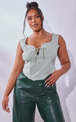 Plus Sage Green Stretch Woven Lace Up Corset Top