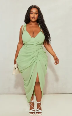 Plus Sage Green Underwire Detail Draped Midi Dress