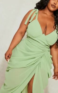 Plus Sage Green Underwire Detail Draped Midi Dress