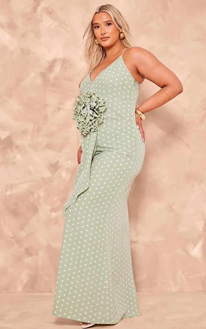 Plus Sage Polka Dot Satin Rose Detail Maxi Dress