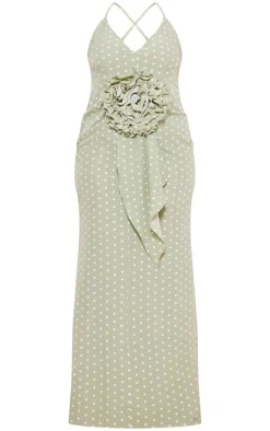 Plus Sage Polka Dot Satin Rose Detail Maxi Dress