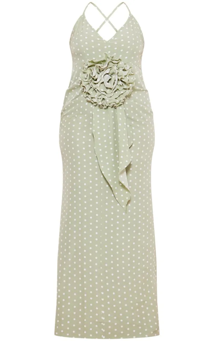 Plus Sage Polka Dot Satin Rose Detail Maxi Dress