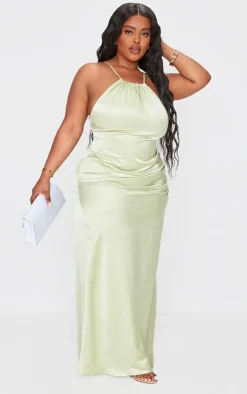 Plus Sage Satin Strappy Ruched Side Midi Dress