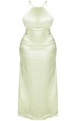 Plus Sage Satin Strappy Ruched Side Midi Dress