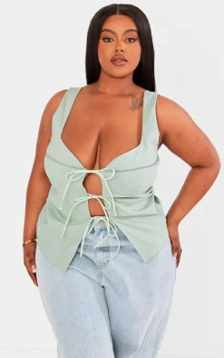 Plus Sage Tie Front Crop Top
