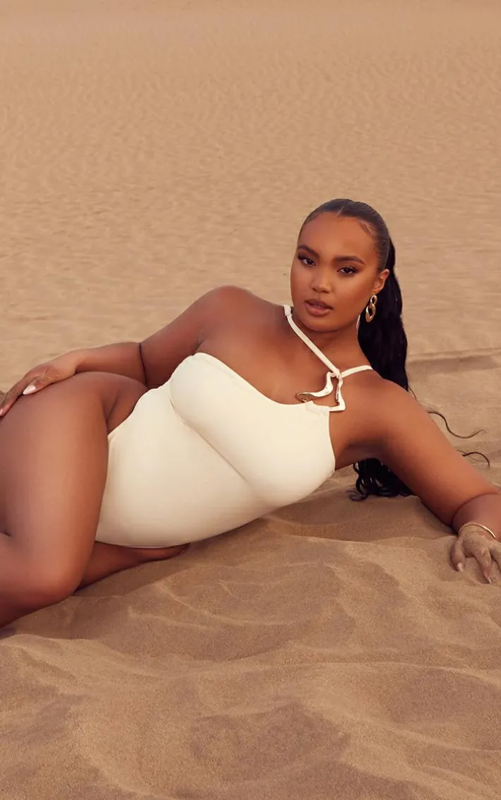 Plus Sand Gold Trim Asymmetric Swimsuit