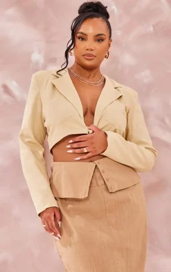 Plus Sand Linen Look Crop Blazer