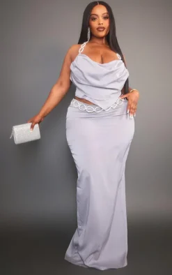 Plus Silver Diamante Chain Trim Maxi Skirt