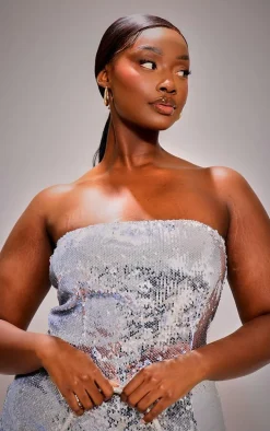 Plus Silver Sequin Bandeau Maxi Dress