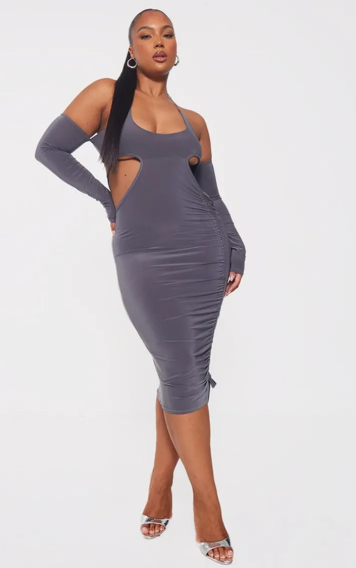 Plus Silver Slinky Ruched Cut Out Midi Dress
