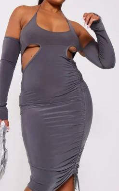 Plus Silver Slinky Ruched Cut Out Midi Dress
