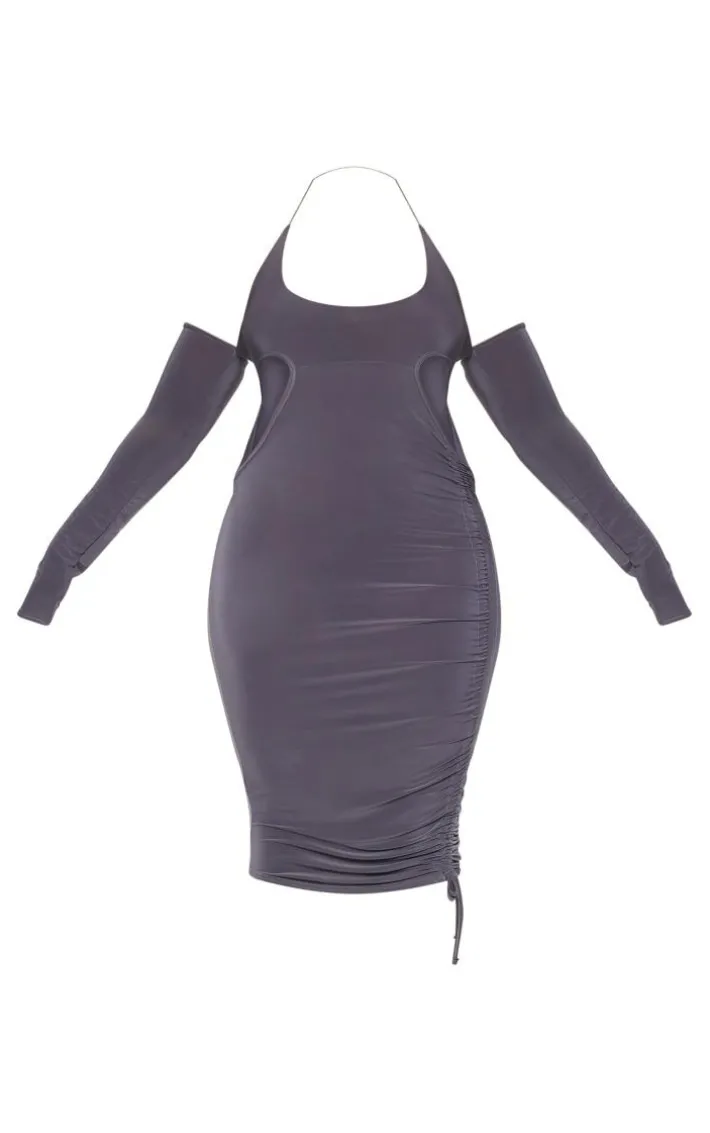 Plus Silver Slinky Ruched Cut Out Midi Dress