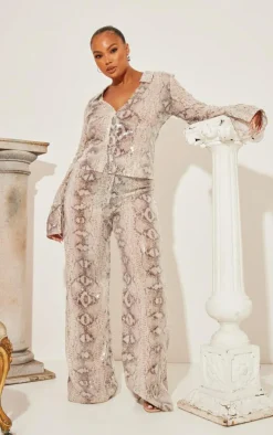 Plus Silver Snake Sequin Wide Leg Pants