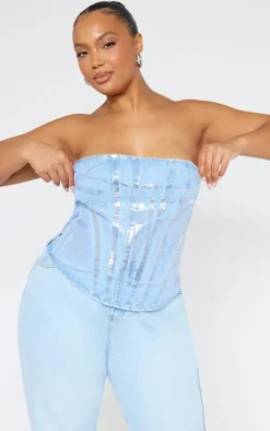 Plus Silver Washed Foil Denim Corset