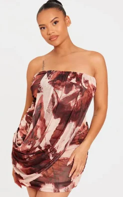 Plus Stone Animal Print Mesh Bandeau Drape Front Bodycon Mini Dress