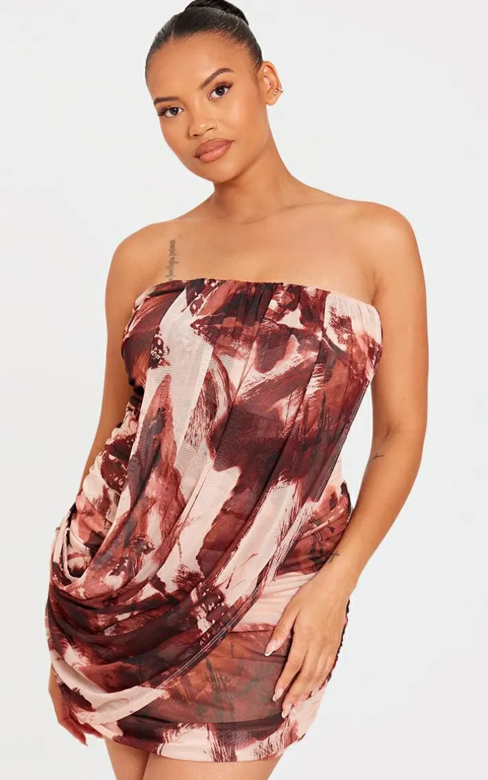 Plus Stone Animal Print Mesh Bandeau Drape Front Bodycon Mini Dress
