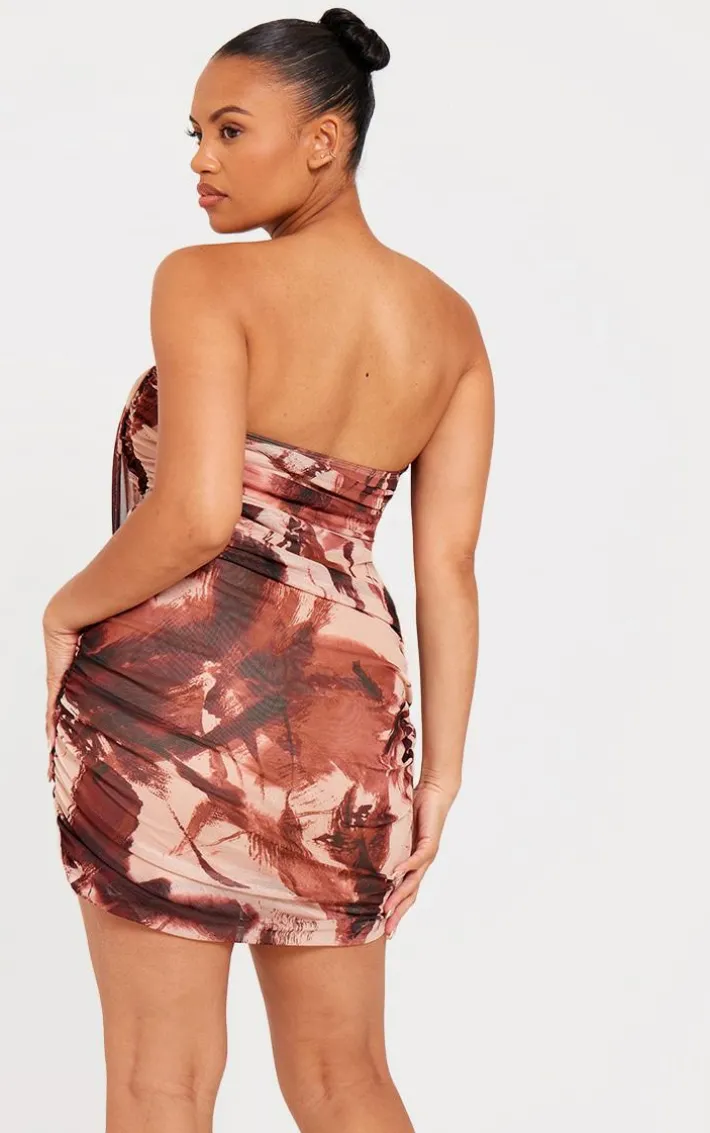 Plus Stone Animal Print Mesh Bandeau Drape Front Bodycon Mini Dress