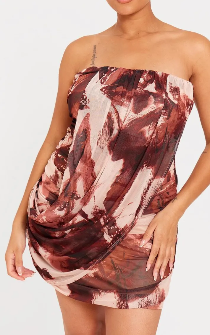 Plus Stone Animal Print Mesh Bandeau Drape Front Bodycon Mini Dress