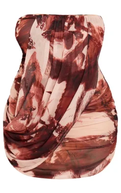 Plus Stone Animal Print Mesh Bandeau Drape Front Bodycon Mini Dress