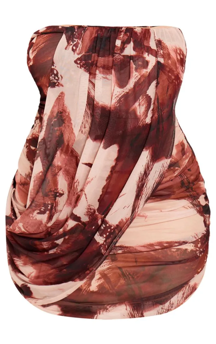 Plus Stone Animal Print Mesh Bandeau Drape Front Bodycon Mini Dress