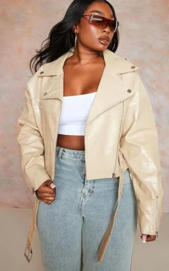 Plus Stone Croc Faux Leather Oversized Biker Jacket