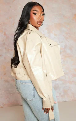 Plus Stone Croc Faux Leather Oversized Biker Jacket