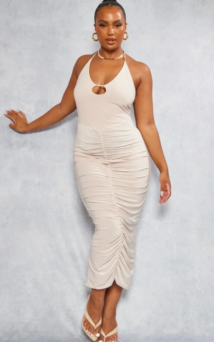 Plus Stone Cut Out Ruched Midi Dress