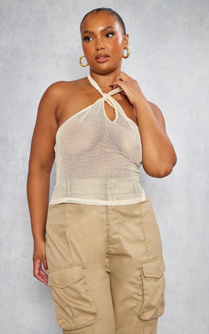 Plus Stone Fishnet Halterneck Top