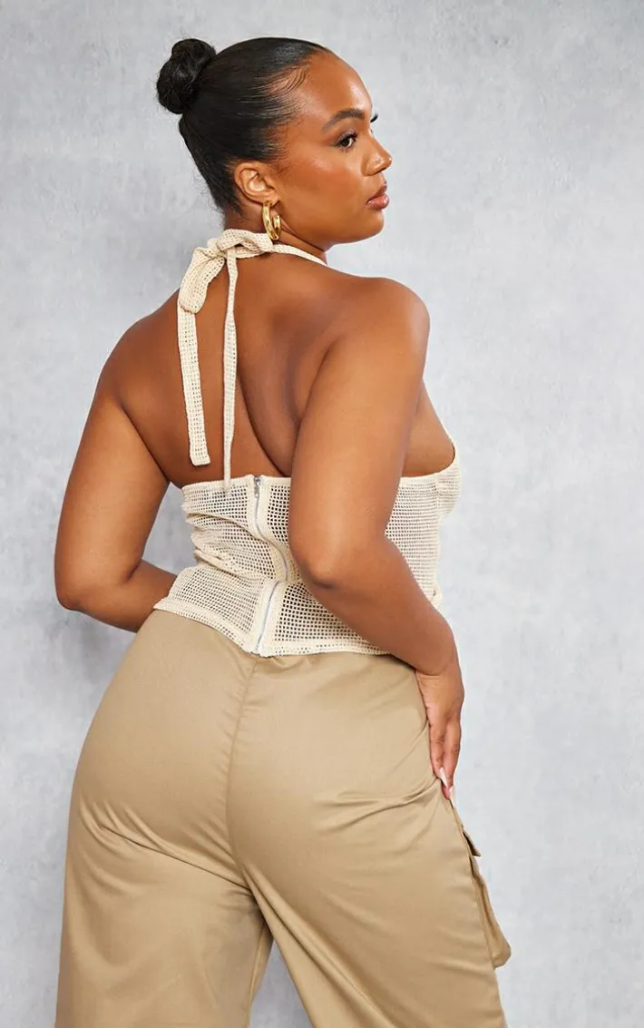 Plus Stone Fishnet Halterneck Top