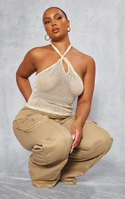 Plus Stone Fishnet Halterneck Top