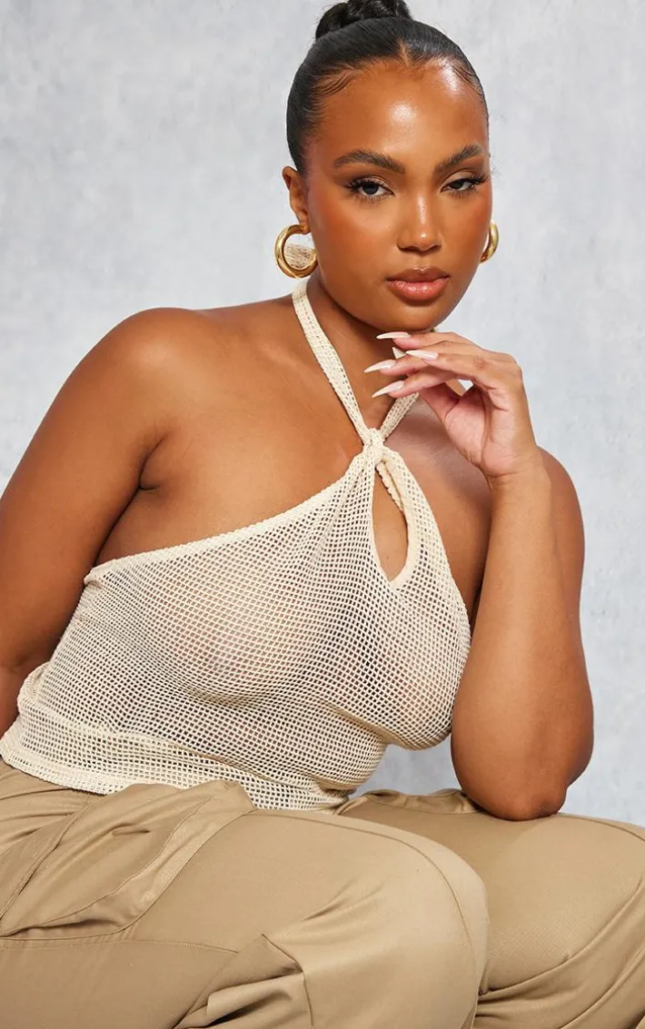 Plus Stone Fishnet Halterneck Top