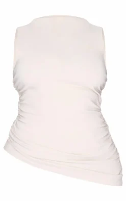 Plus Stone High Neck Ruched Asymmetrical Long Top