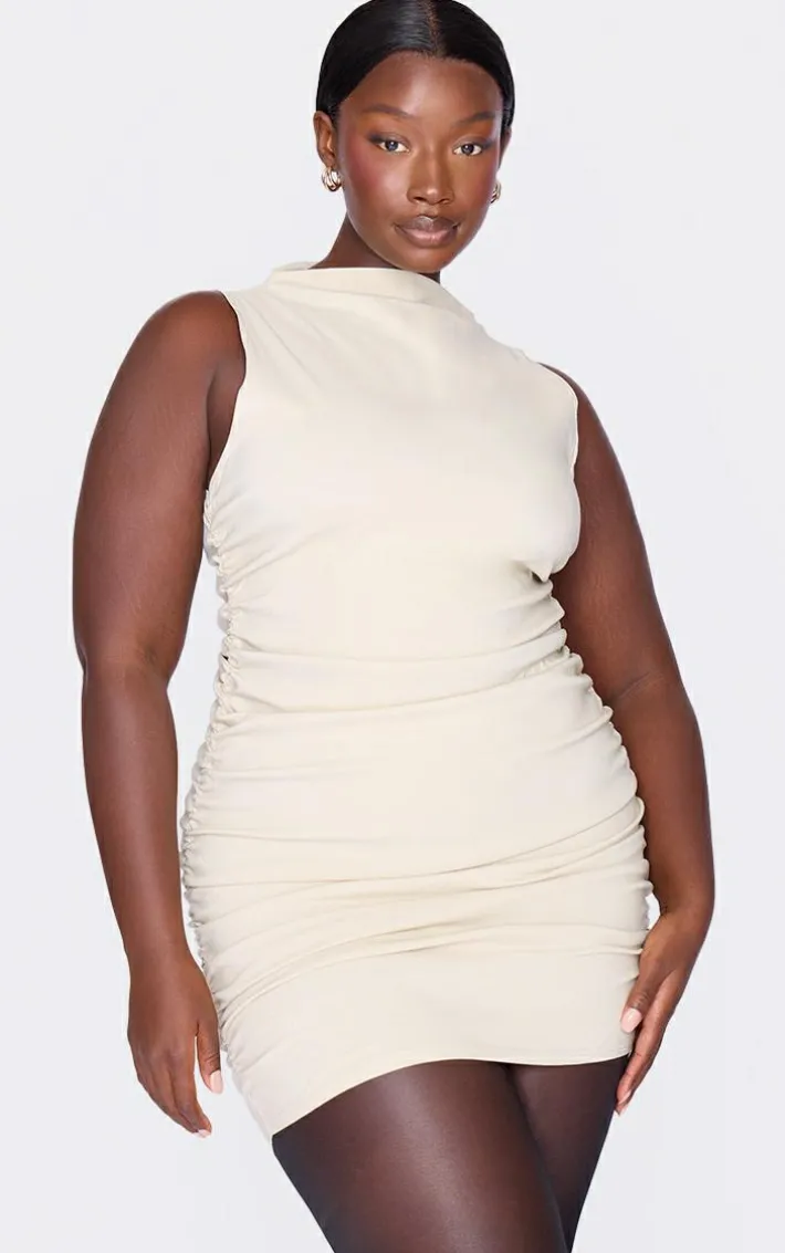 Plus Stone High Neck Ruched Bodycon Dress