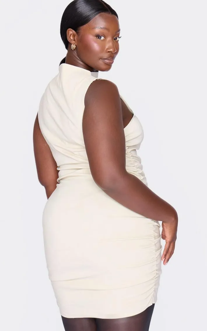 Plus Stone High Neck Ruched Bodycon Dress