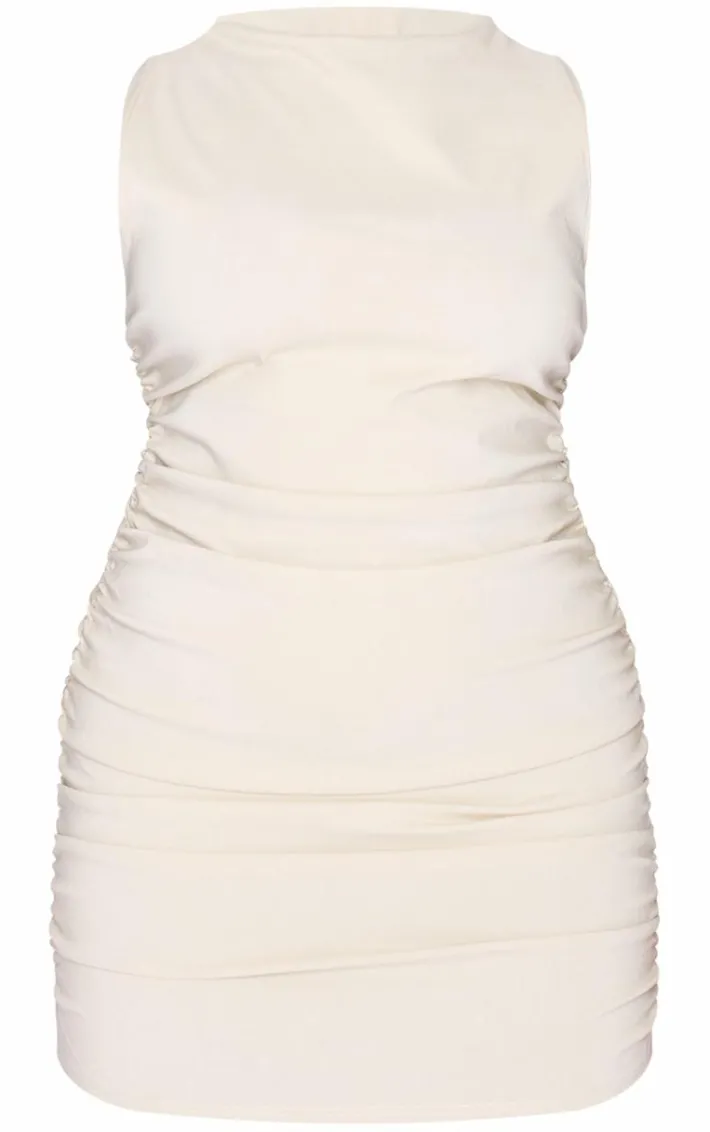 Plus Stone High Neck Ruched Bodycon Dress