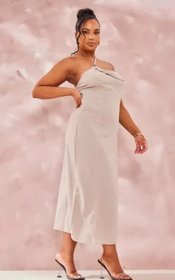 Plus Stone Linen Look Asymmetric Strap Midi Dress