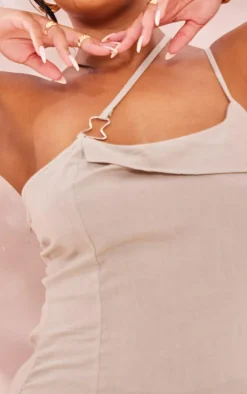 Plus Stone Linen Look Asymmetric Strap Midi Dress