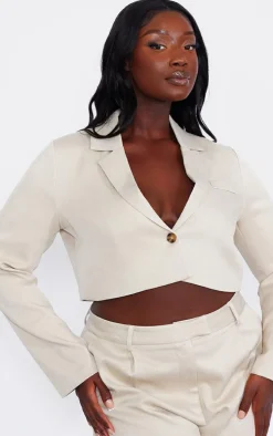 Plus Stone Linen Look Cropped Blazer