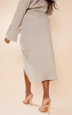 Plus Stone Linen Look Drape Front Midi Skirt
