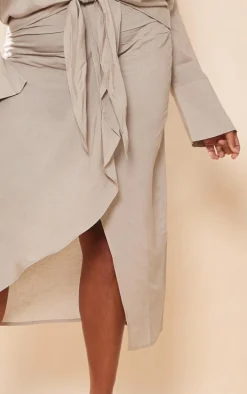 Plus Stone Linen Look Drape Front Midi Skirt